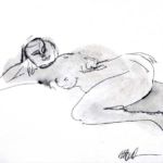 <strong>Pensive Reclining Nude</strong><br />ink wash on paper 17" X 20" framed Pensive Reclining Nude