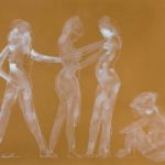 <strong>Women Dancing</strong><br /> 29in x 34in framed -  Acrylic-Prismacolor pencil on paper Women Dancing